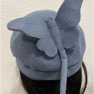 Vintage blue felt beret with butterfly
